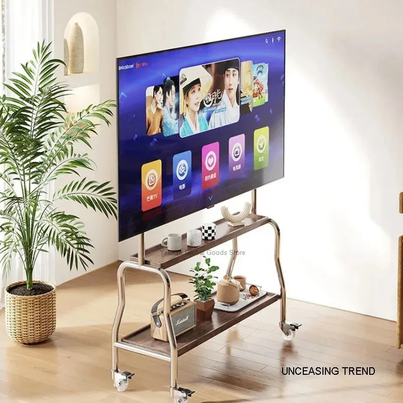 TV Floor Stand Movable Stainless Steel Vertical Trolley with Wheels Living Room Bedroom 43-75Inch Universal Hanger