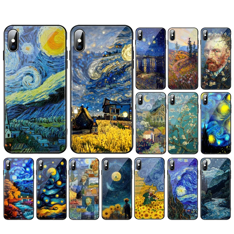 

Van Gogh Starry Night Glass phone case For iphone 15 14 13 Pro Max 12 11 Pro Max XS Mobile Phone Case Funda