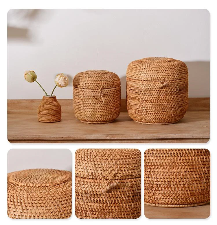 Handwoven Rattan Tea Storage Box With Lid Puer Tea Bag Organizer Green Tea Caddy Can Snack Canister Food Container Kongfu Teaset