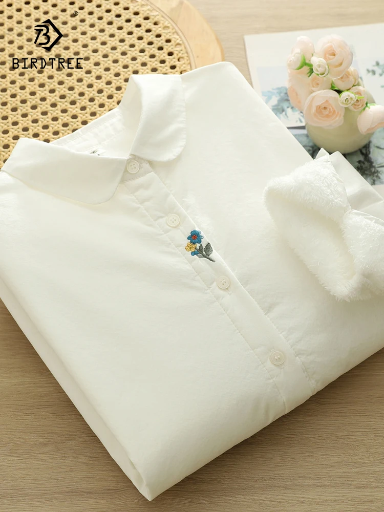 

New 2025 Autumn Cotton Long Sleeve Fleece Shirt, Women Lapel Floral Embroidery, Mori Girl Commute Warm Loose Blouse T5O851CC