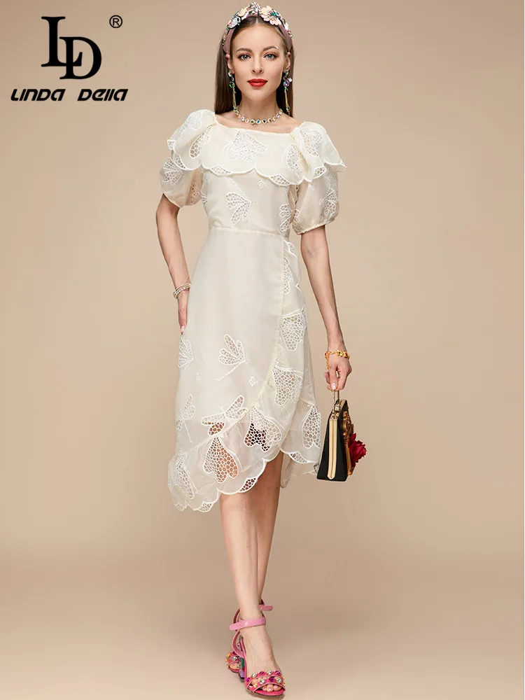 LD LINDA DELLA New 2023 Summer Fashion Women White Asymmetrical Dress Square Collar Ruffle Hollow Out Embroidery Party Dresses