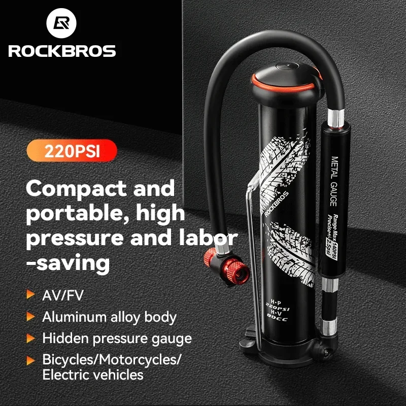 ROCKBROS Mini Bike Pump 220PSI Portable Air Pump Schrader Presta AV/FV Gauge Tire Inflator MTB Cycling Road Bicycle Accessories