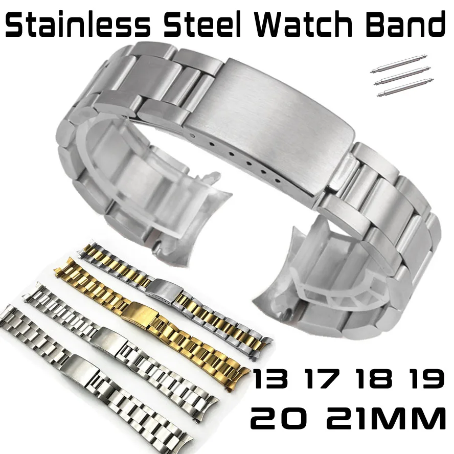 Curved End Stainless Steel Watch Strap Bracelet 13mm 17mm 18mm 19mm 20mm 21mm Folding Buckle Metal Watch Band Wristbands