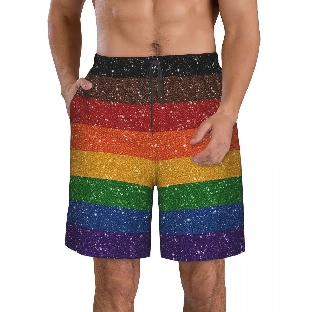 Faux Glitter Rainbow Pride Flag LGBT Gay Lesbian Trunks Beach Board Shorts Casual Quick Dry Swim Summer Men Pants