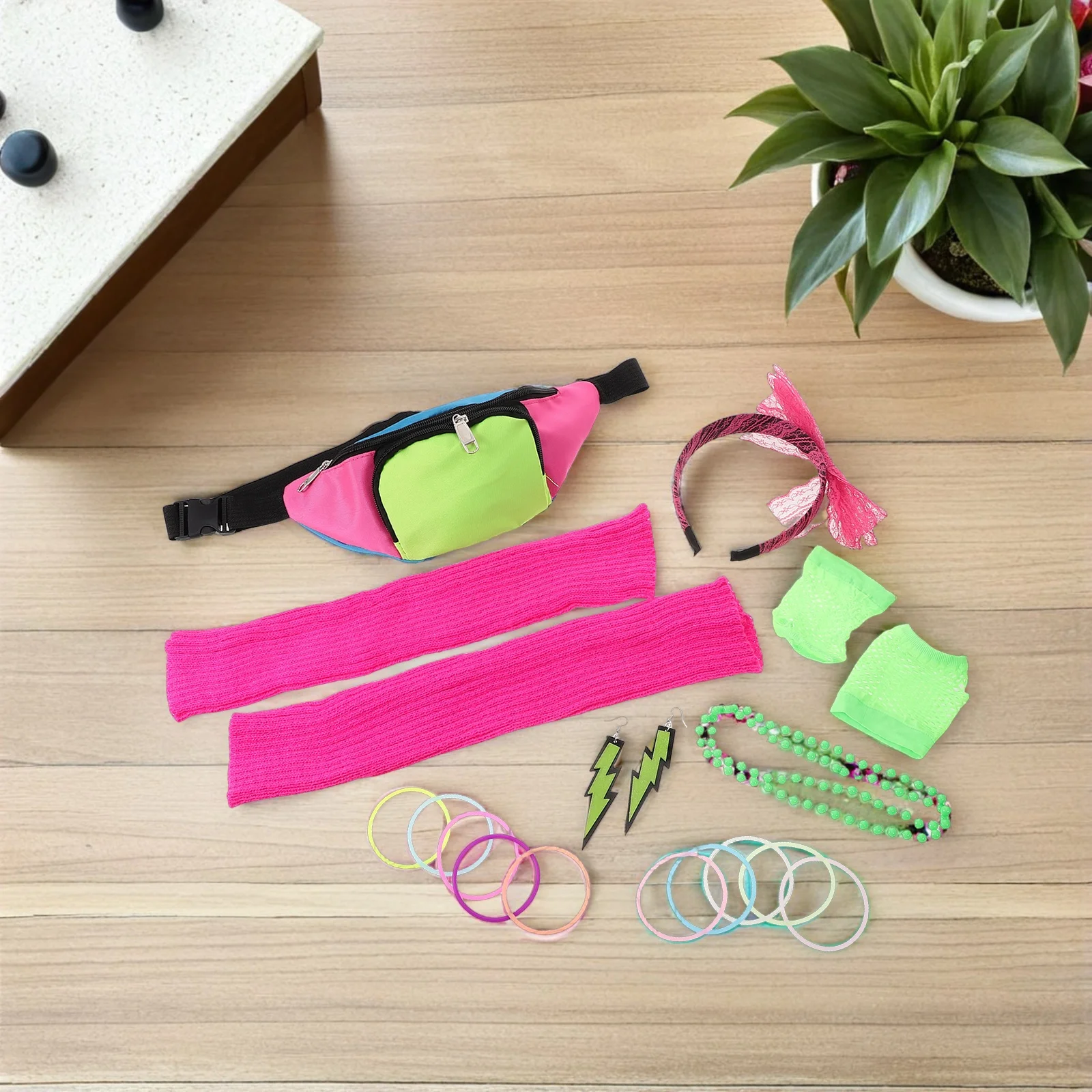 19 قطعة مجموعة إكسسوارات الحفلات النيون ريترو 80S إضافات زي للنساء النيون حزمة مراوح أقراط عقال الأساور مهرجان