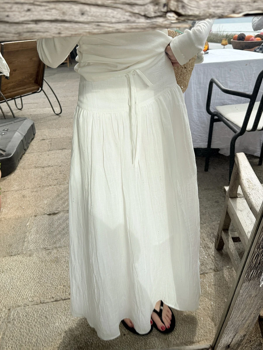 Simple White  Feel Drawstring A-Line  Skirt Women's Summer New Folded Large Swing Long Skirt High Waist Umbrella Skirt