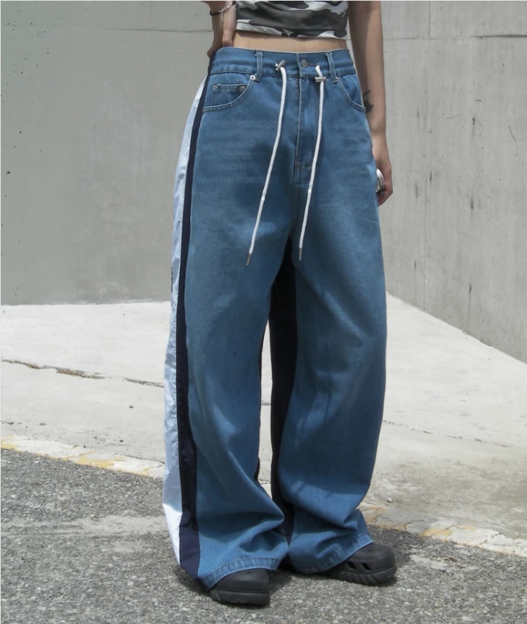 High Waist Straight Leg Denim Jeans Women's Color Blo Design Long Pants Dstring Waist Cuffed Loose Fit Blue Jeans