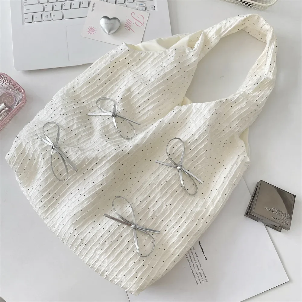 

Модная большая сумка, универсальная сумка на плечо большой вместимости, повседневная сумка для покупок, легко чистящаяся сумка с бантом в горошек для путешествий