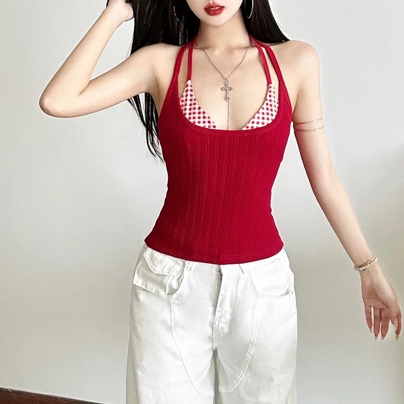 

2025 Spring New Solid Color Slimming Neck Hanging Tank Top Two Piece Set