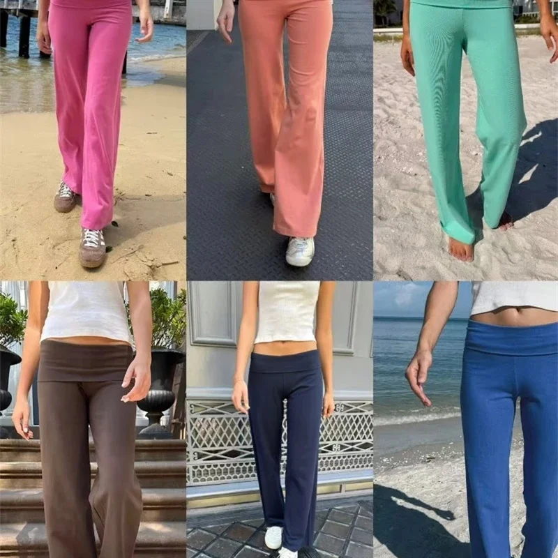 Mint Green Foldover Straight Pants Women Summer Low Waist Cotton Trousers Casual Sweet Girl Preppy Style New Sport Yoga Pants