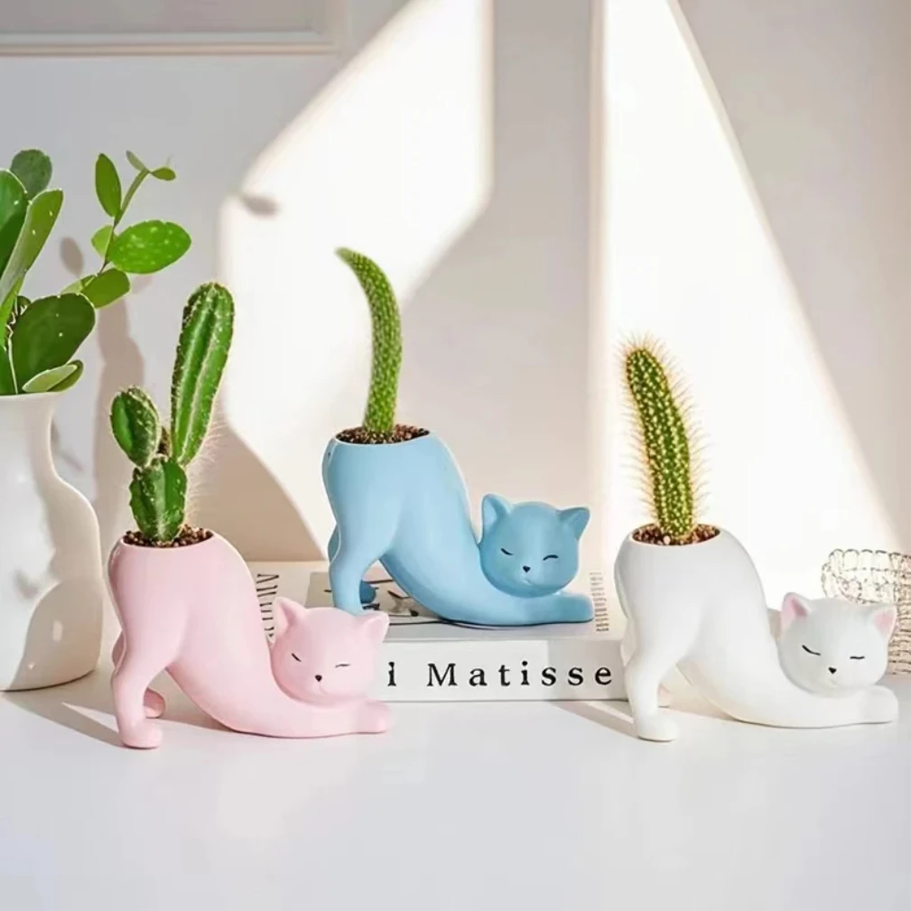 Cartoon Cute Cat Tail Flower Pot Creative Succulent Plant Pottery Desktop Ornament for Friend Birthday Gift