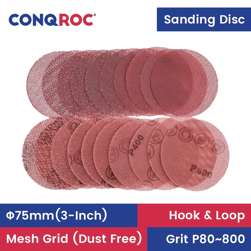 75mm(3-Inch) Sanding Discs Dust Free Mesh Grid Aluminum Oxide Dry Sandpapers Hook & Loop 100-Piece Grit P80~800