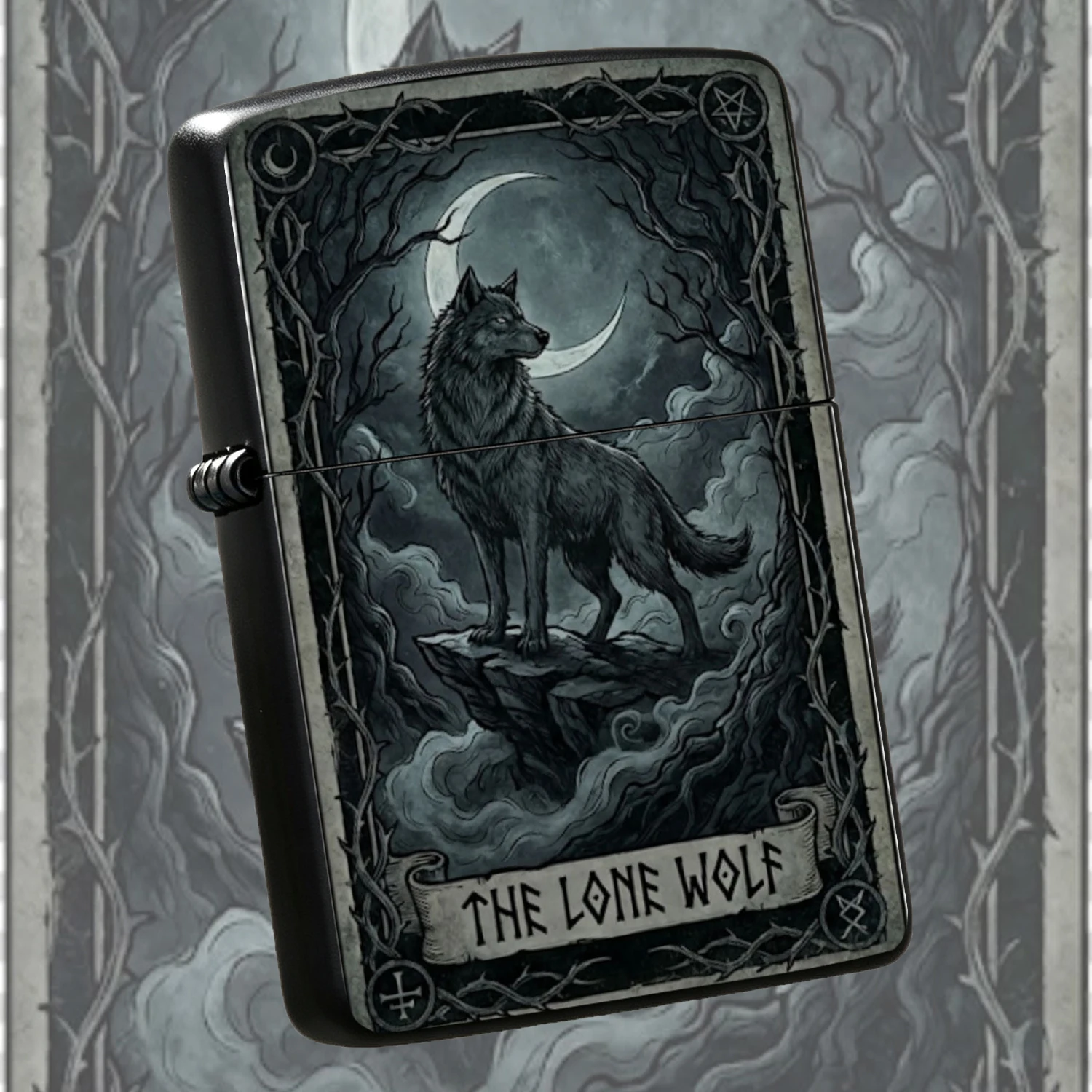Vintage Tarot Style The Lone Wolf Pattern  Dark Crescent Moon Thorn Frame Cool Gothic Portable  For  Outdoor Camping Collectible Gift For Men  Holiday Present A Fun And Humorous Lighter