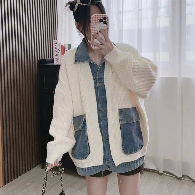 Korean version fake two-piece sweater jacket women 2024 autumn&winter new trend loose fitting patchwork denim open knit tops