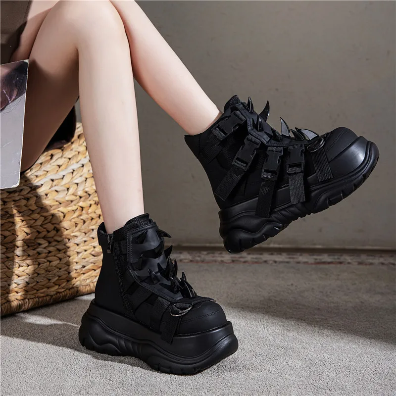 Punk Platform Wedge Sneakers Retro Horn Rivet Heavy Metal Ankle Boots Women Custom Casual Shoes