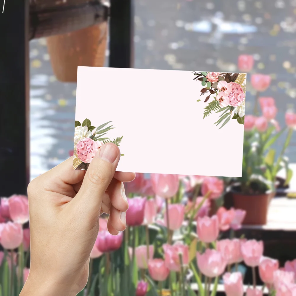 50pcs Floral Blank Greeting Cards, Soft Pastel Background, Watercolor Flowers & Leaves, Wedding Birthday Party Thank You Cards