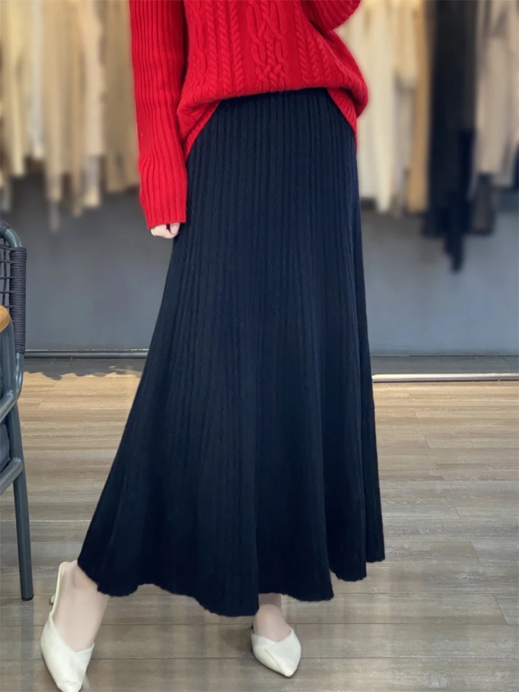 Devin High Quality Women Long Pleated Skirt Autumn Winter Cashmere Skirt 100% Merino Wool Knitwear Office Lady Grace Dress