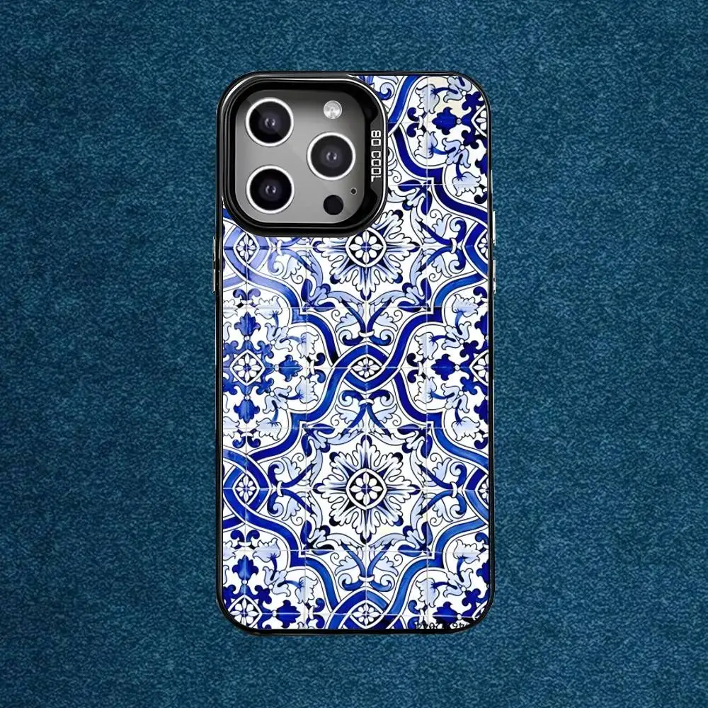 เคสโทรศัพท์ลายครามสีน้ำเงินขาว สำหรับ iPhone17,16,15,14,13,12,Mini,Pro,E,MAX สีเทาด้าน ซิลิโคนสีดำ