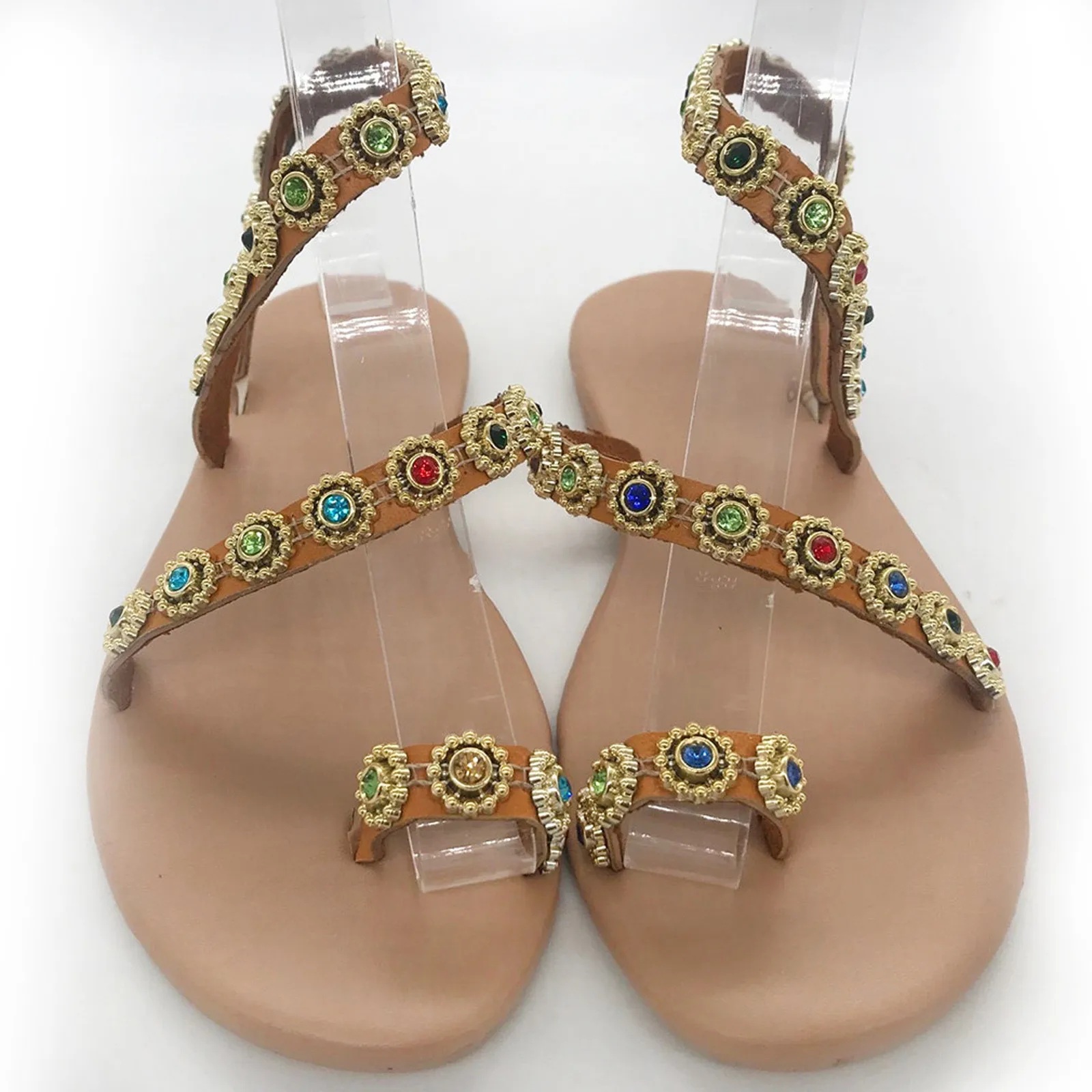 Bohemian Beaded Rhinestone Beach Sandals 2024 Summer Sexy Ankle Strap Flat Thong Sandal Women\'s Outdoor Beach Leisure Filp Flop