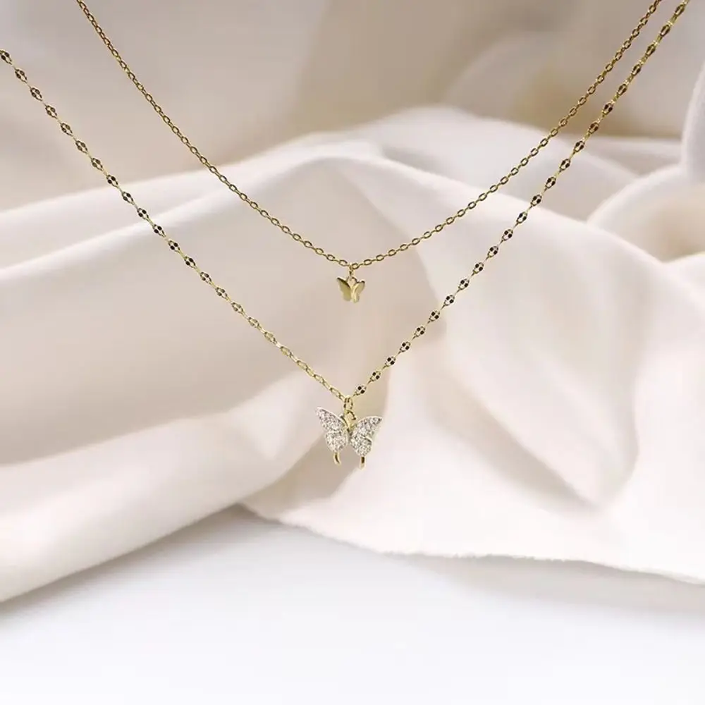 New Double Layer Shiny Butterfly Exquisite Light Luxury Small Pendant Classic Jewelry Clavicle Chain Ladies Gift
