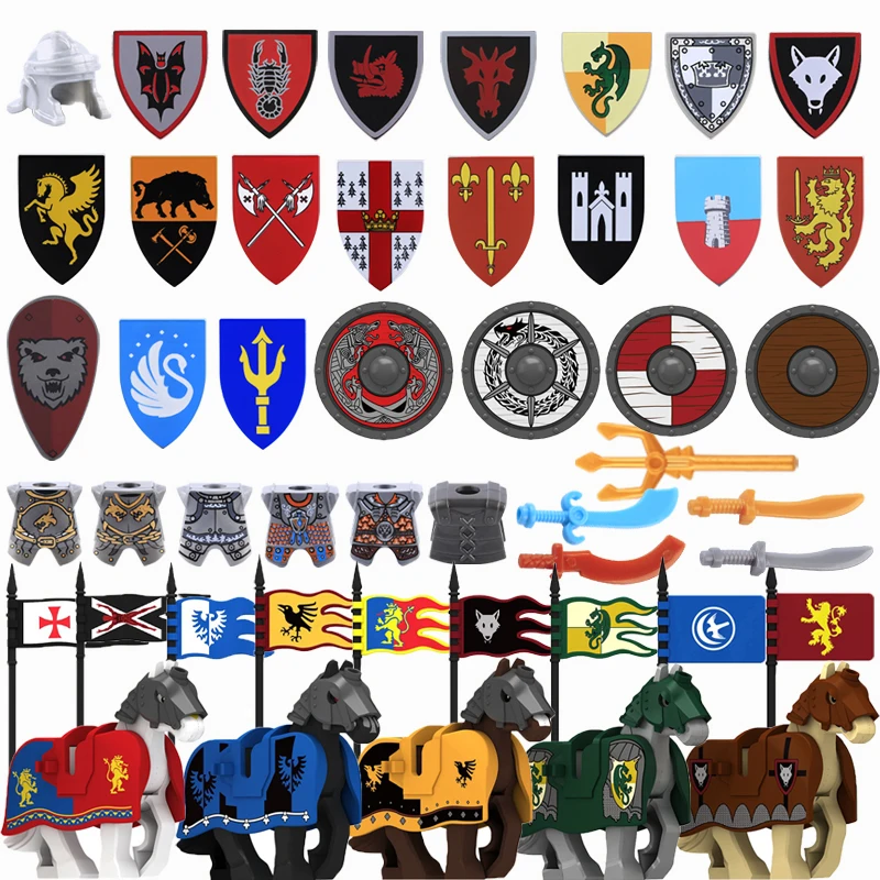 MOC Medieval Military Castle Weapon Building Blocks Lion Black Eagle Knight Shield Helmet Armour Flag War Horse Bricks Toys Boys