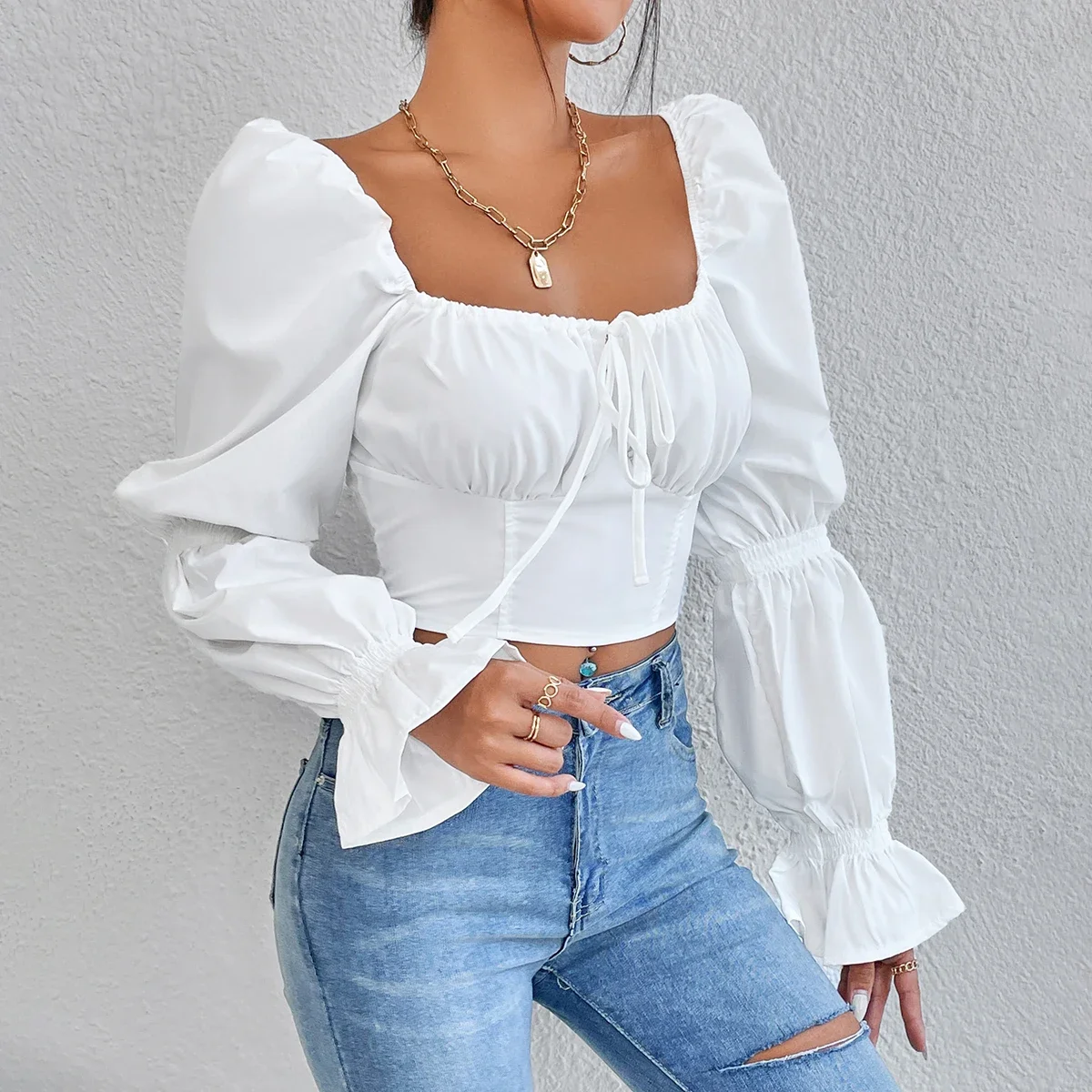 Vemina New Arrivals Autumn Winter Y2K Street Style Slim Blouses Women White Sexy Bow Backless Puff Long Sleeves Crop Top