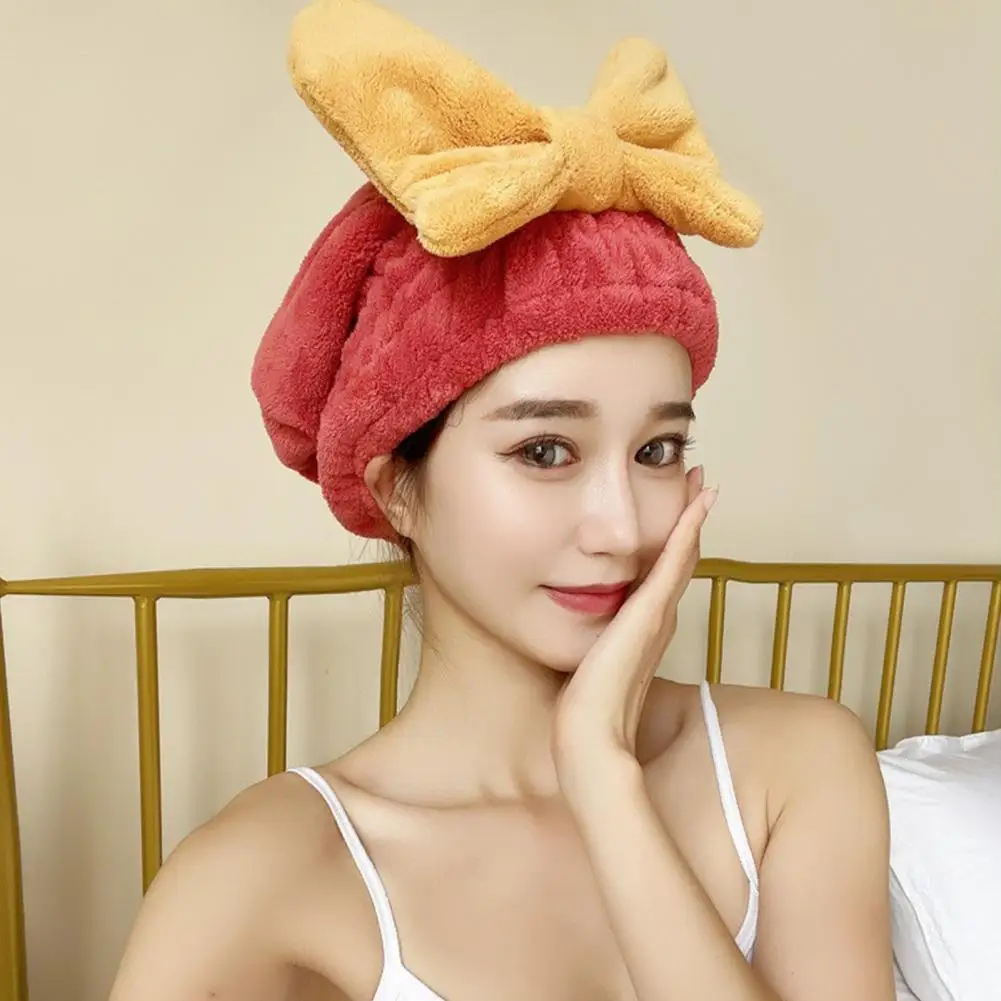 

Quick Dry Hair Towel Cute Bowknot Dry Hair Cap Soft Absorbent Coral Fleece Elastic Drying Hair Hat for Curly Long Thick Hair