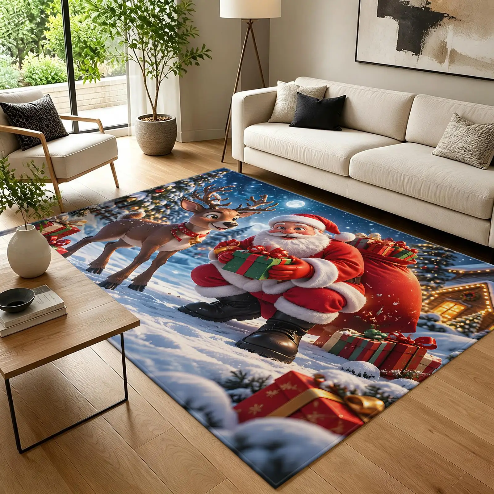 1pc 2D Flat Santa Reindeer Christmas Gift Snow Scene Printed Floor Mat, Decorative Rug for Living Room, Bedroom, Home