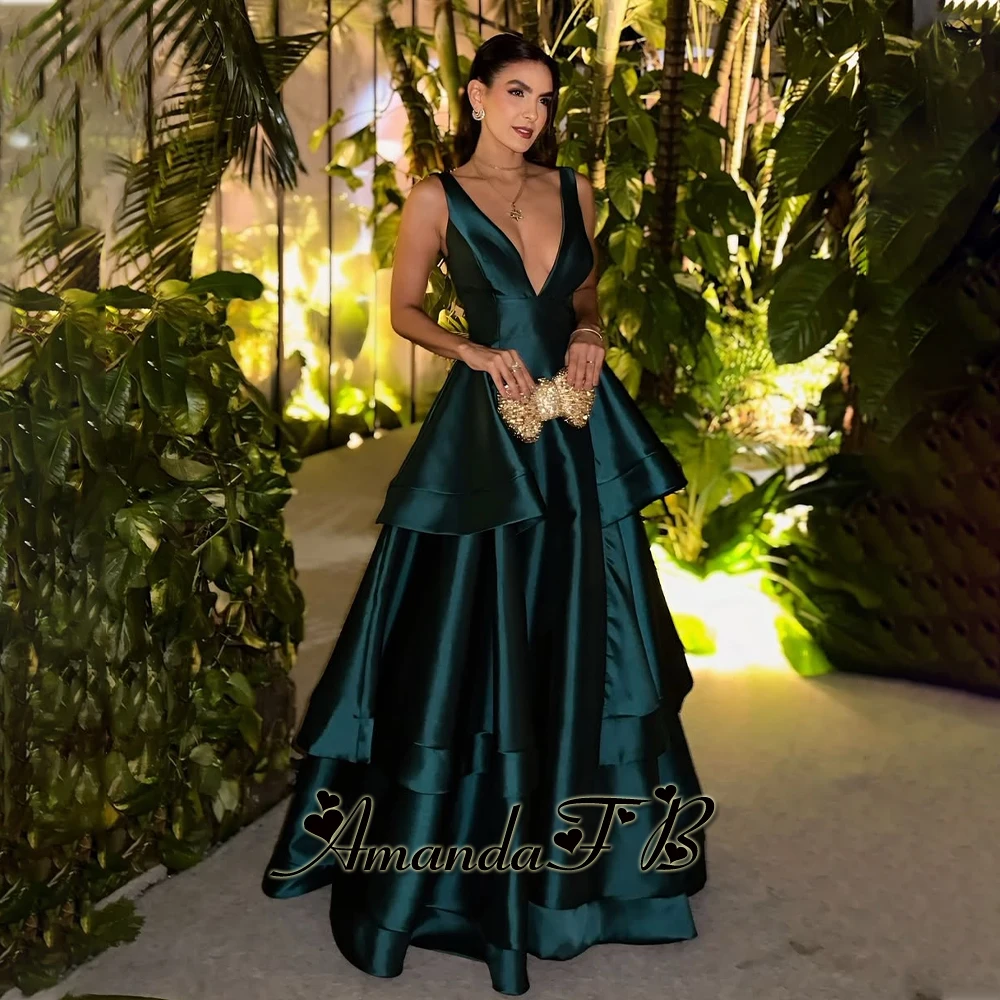 أماندا فستان سهرة عصري بفتحة رقبة شكل v عميقة بدون أكمام من الساتان بدون ظهر وكشكشة على شكل حرف a فستان رسمي للحفلات من فيستدوس دي فيستا مخصص
