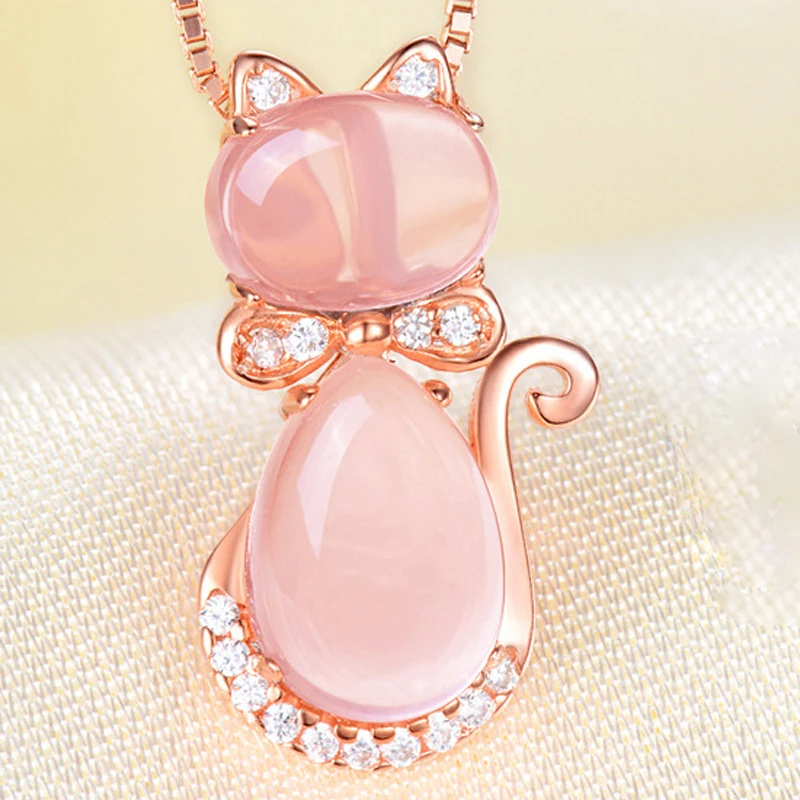 Wholesale CZ Crystal Pink Opal Pendant Necklace Chokers Rose Gold Color for Women Girls Ross Quartz Cute Gift