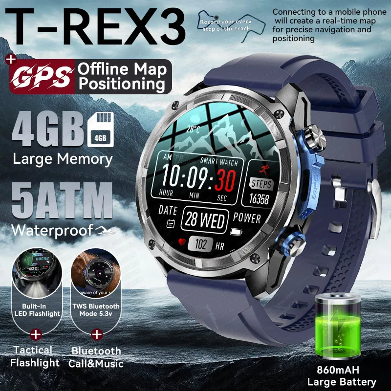 

Уличные военные GPS часы AMOLED 5ATM W0 водонепроницаемые плавательные Corning Gorilla Glass 4 ГБ памяти локальная музыка TWS GPS карта умные часы