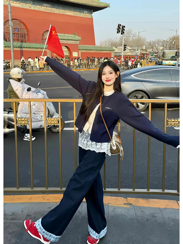 Deep Blue High Waist Wide Leg Jeans Women's Loose Fit Splicing Cuffed Long Pants Spring New Style Slimming Floor-Length