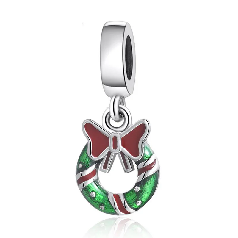 Authentic S925 Sterling Silver Bow Wreath Dangle Charm Berry Red & Green Enamel Bead Fit Women Bracelet Bangle DIY Jewelry