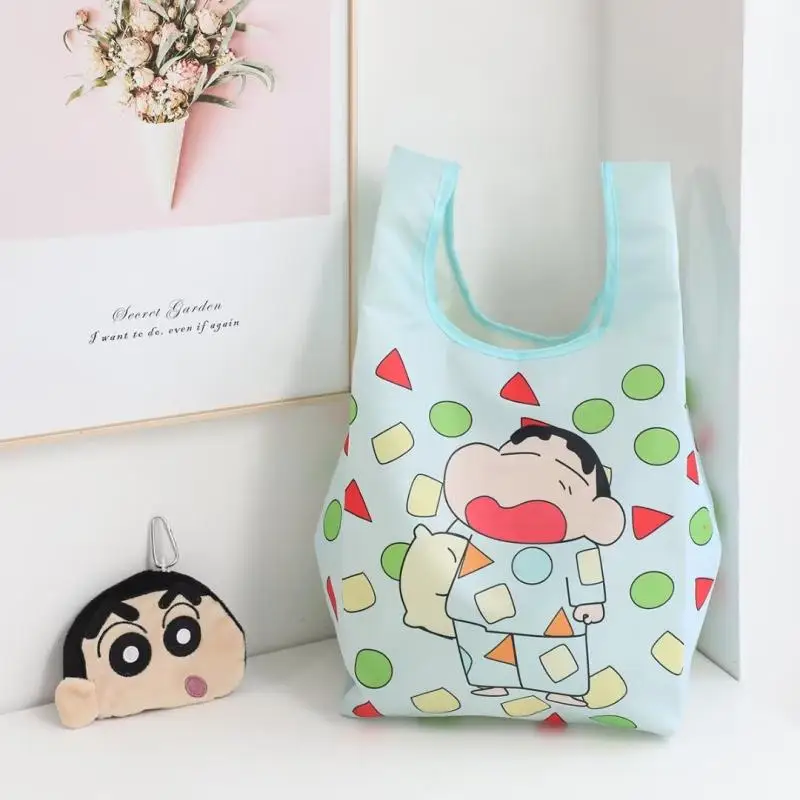 2pcs New Crayon Shin-chan Coin Purse Handbag Set Girls Large Capacity Hand-carrying Supermarket Shopping Bag Foldable Coin Purse