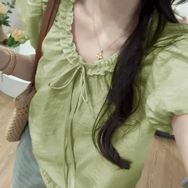 

Женская блузка с рюшами и завязками на горловине - свободная повседневная рубашка с пышными рукавами, милый омолаживающий топ