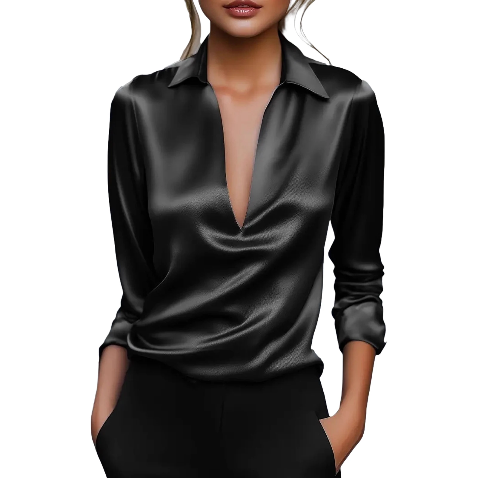2026 New Women\'s Long-sleeved Shirt 10 Color Lapel Satin Button Cardigan Office Commuting Elegant Simple Top Basic Blouses