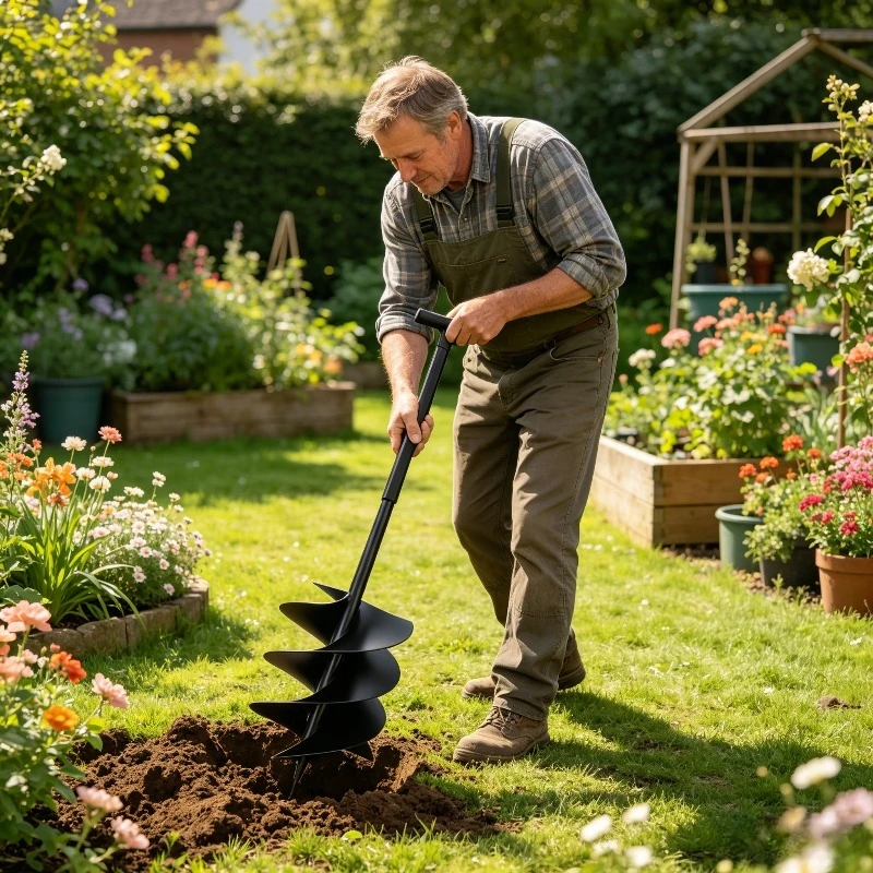 Tarière de jardin en acier noir, manche de 250 mm, structure robuste et solide, outil manuel durable pour le creusement dans les jardins et cours.