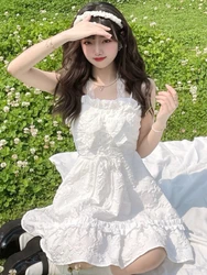 Summer Kawaii Lolita JSK Dress Women Sweet White Lace Halter Collar Party Suspender Dresses Girls Ruffles Slim Princess Vestidos