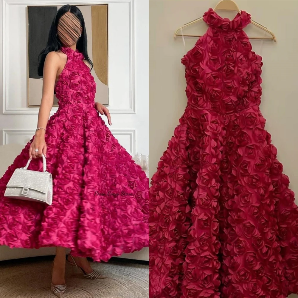 Vestido de fiesta imperio de una línea con cuello halter elegante personalizado Flor 3D Hasta el tobillo Sin mangas Vestidos de noche formales de