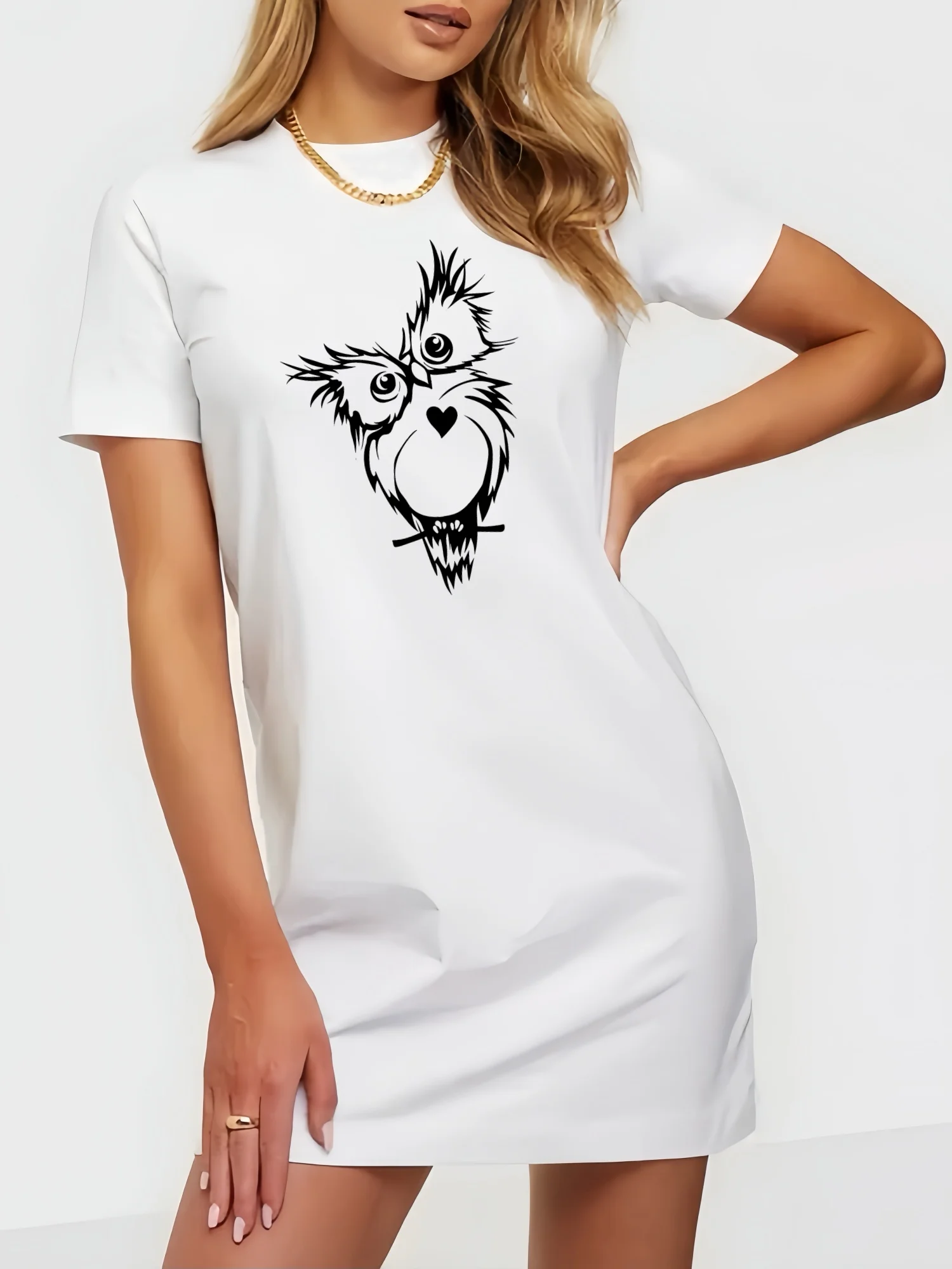 Cute Doctor Owl  Print T Shirt Dress Women Simply Slim Fit Youthful Summer Woman Dress 2024 New