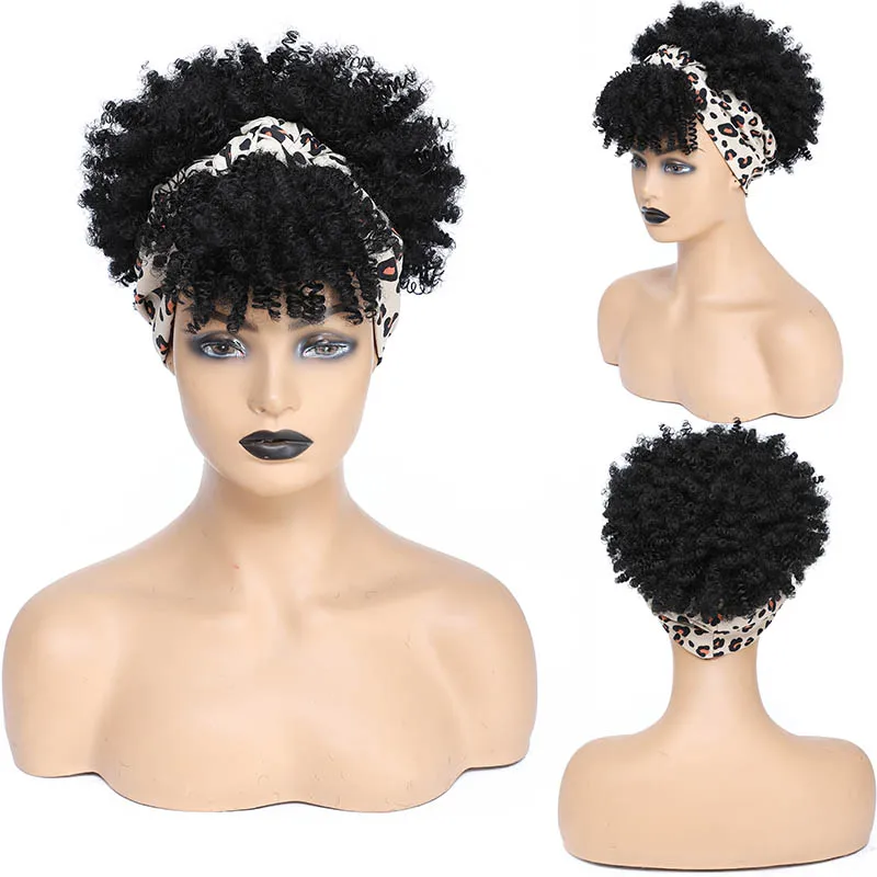 Short Afro Curly Headband Wig 10 Inch Kinky Curly Hair Head Band Wigs for Women Cosplay Synthetic Fluffy Curly Scarf with Bangs