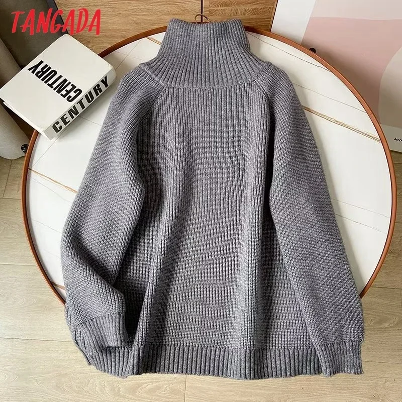 Tangada 2023 Autumn Winter Women Oversized Zipper Thick Knitted Sweater Jumper Female Pullovers 9H44