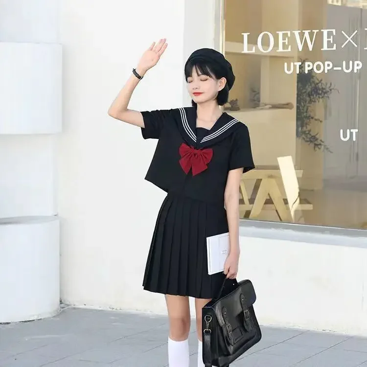 Uniforme scolastica giapponese vestito Sailor JK Basic Cartoon Girl Navy Sailor Uniform Black Sets Costume da donna Y2k Girl Costume