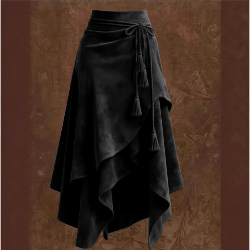 2026 Autumn Melard Coffee Suede Half Skirt For Women Irregular Lace Up Slimming A-line Mid-length Umbrella Skirt