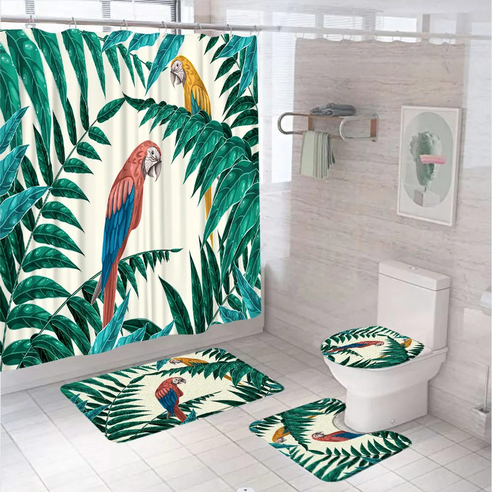 4Pcs Tropical Leaves Birds Shower Curtain Set with Rug Green Palm Monstera Leaves Bathroom Decor Home Bath Mat Toilet Lid Cover