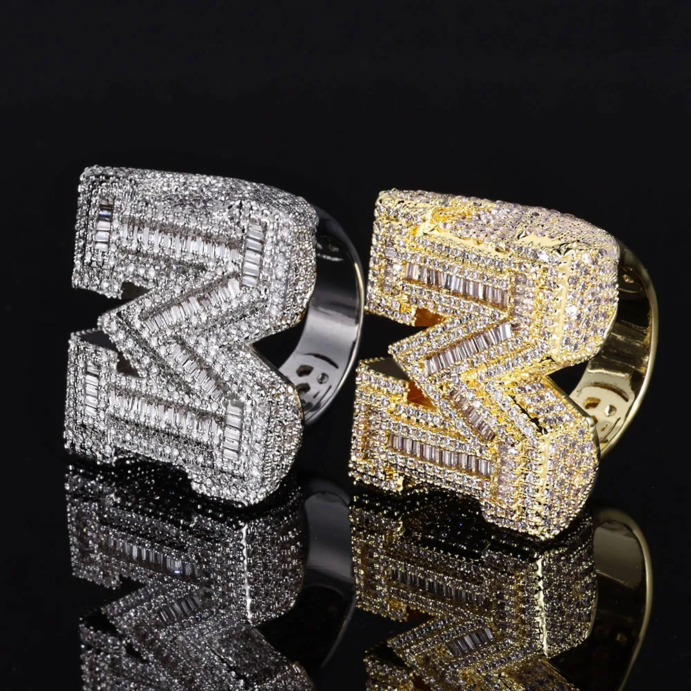 Custom Baguette M Initial Letter Ring Iced Out 5A CZ Diamond Brass Rappers Bling Bling Hip Hop Ring Jewelry ﻿