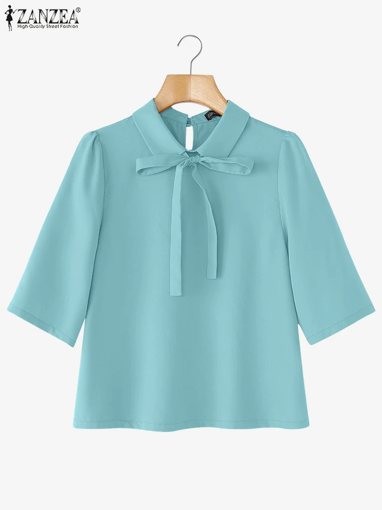 ZANZEA بلوزات بمقاسات كبيرة للنساء موضة خريف 2025 3/4 كم قمصان متينة غير رسمية فضفاضة ذات طية صدر السترة Blusas Femininas ربطة القوس فيونكة 5XL #1