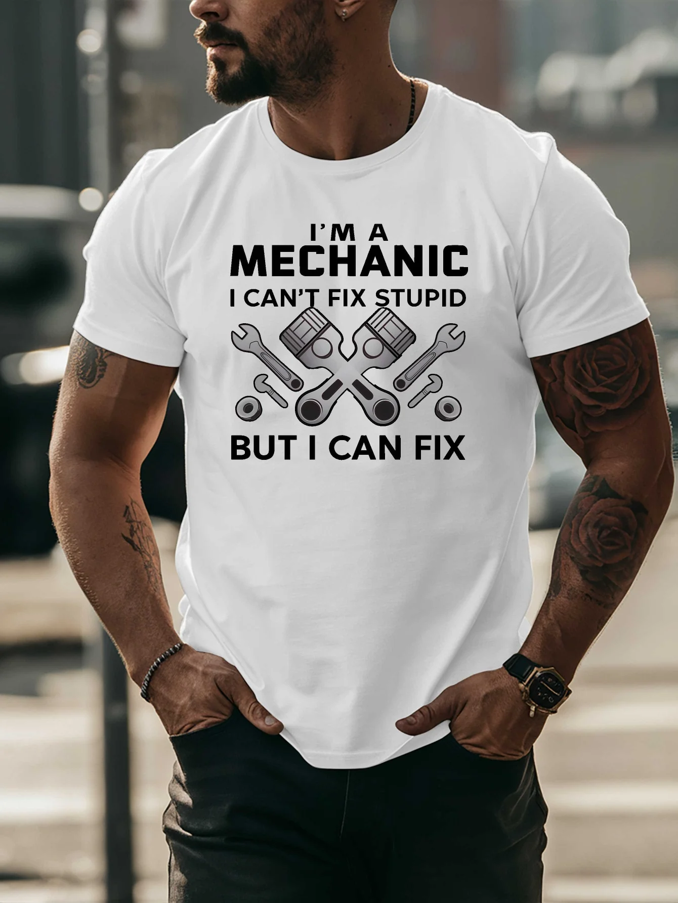 Funny Mechanic Slogan Mens Crew Neck Cotton T Shirt Piston And Wrench Print Short Sleeve Auto Technician Casual Daily Top