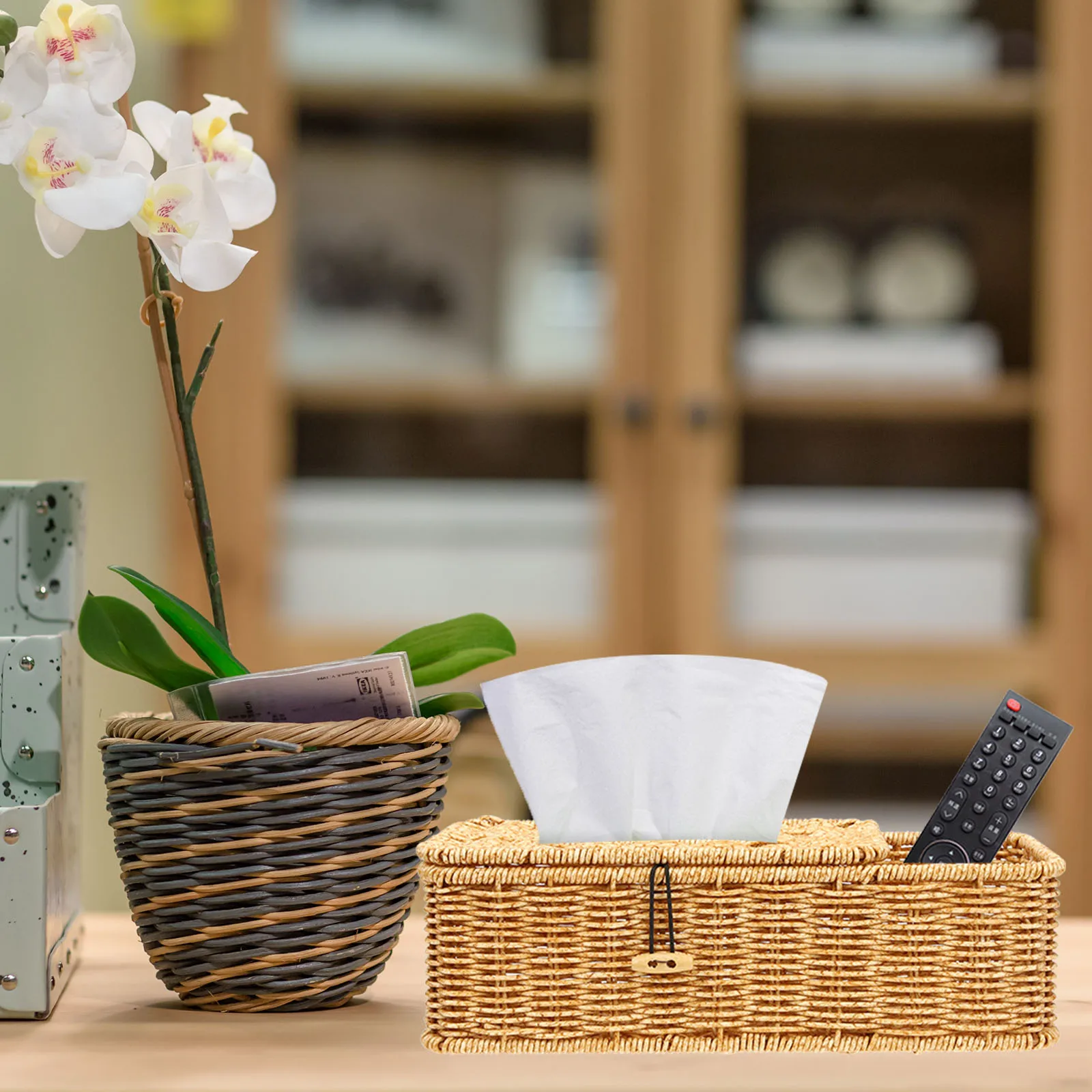 

Multifunctional Tissue Box Imitation Rattan Woven Design Desktop Organizer For Home Bathroom Office Storage