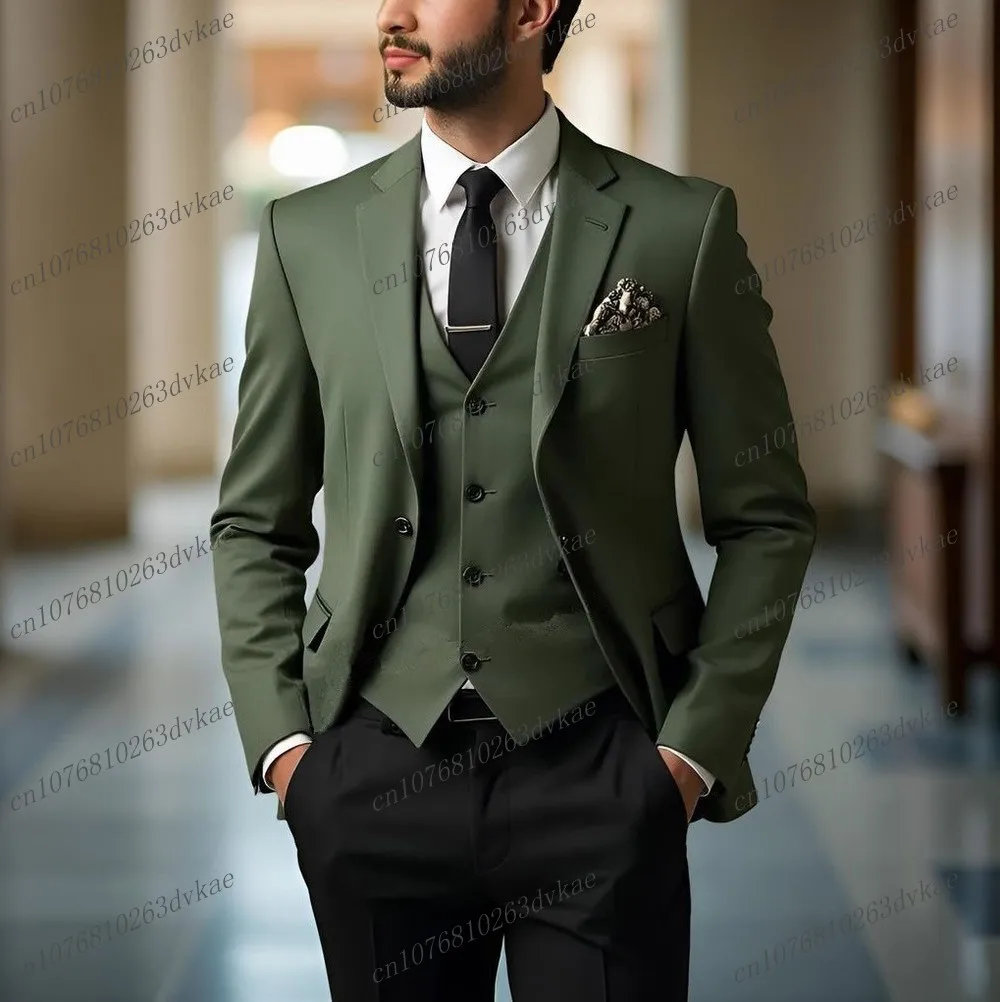 

New Army Green And Black Formal Business Men Suit Groom Groomsman Wedding Party Prom Male Tuxedos 3 Piece Set Blazer Vest Pants
